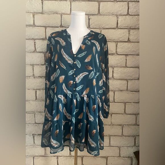 LOFT Teal Feather Pattern Long Sleeve Dress - Picture 1 of 8